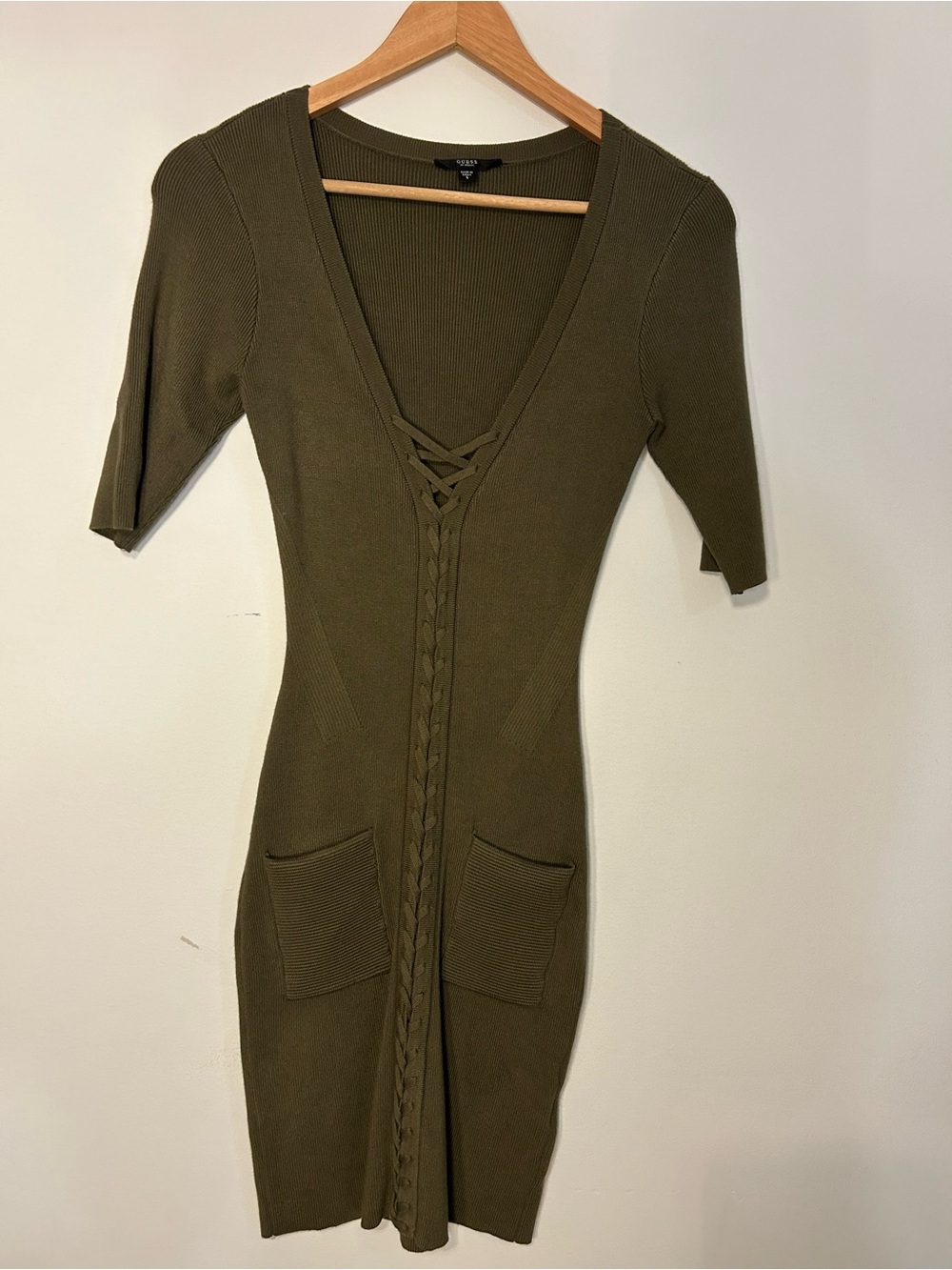 Guess Olive Green Lace-Up Ribbed Midi Dress